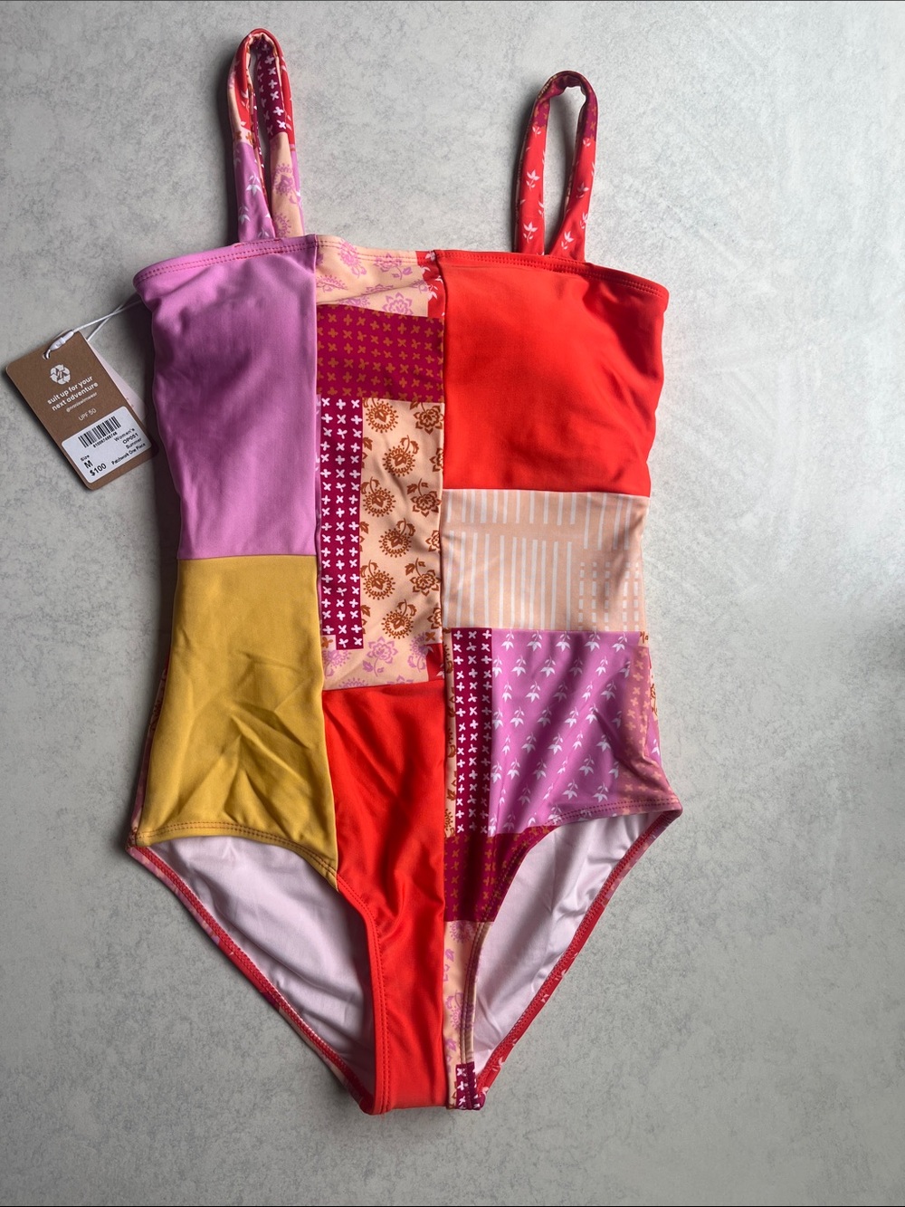 Nani Swimwear Patchwork One-Piece Swimsuit in Pink, Orange & Yellow. Medium NWT